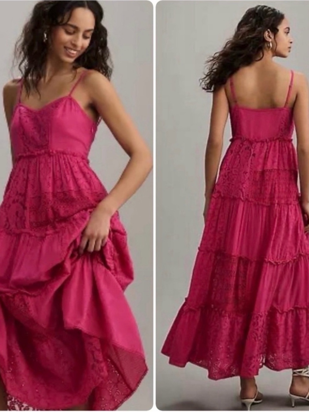 Bhanuni by Jyoti Hot Pink Lace & Eyelet Tiered Maxi Dress